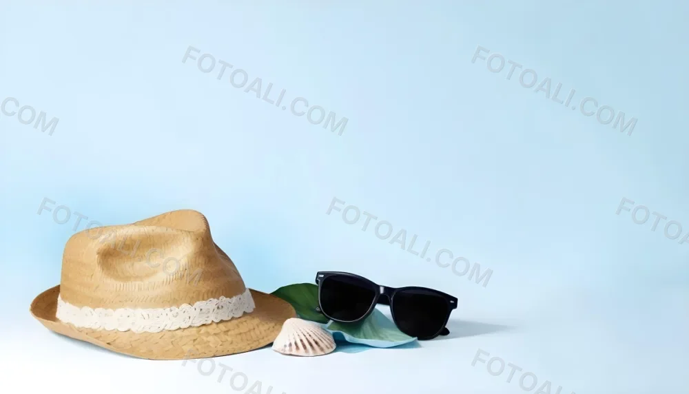 A Straw Hat With A Blue Ribbon Black Sunglasses A Seashell And A Seashell On A White Surface With A Light Blue Background 7 4c5c