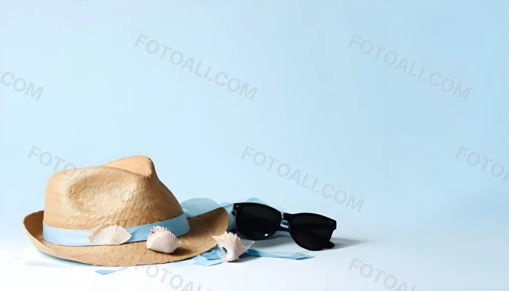 A Straw Hat With A Blue Ribbon Black Sunglasses A Seashell And A Seashell On A White Surface With A Light Blue Background 8 A6fe