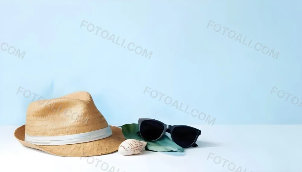A Straw Hat With A Blue Ribbon Black Sunglasses A Seashell And A Seashell On A White Surface With A Light Blue Background 9 38d6