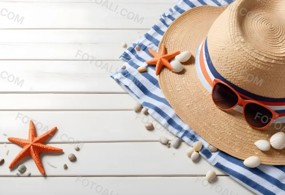 A Straw Hat With A Seashell On Top Of A Striped Towel Sunglasses Sunscreen Starfish And Pebbles On A White Wooden Surface 10 E796