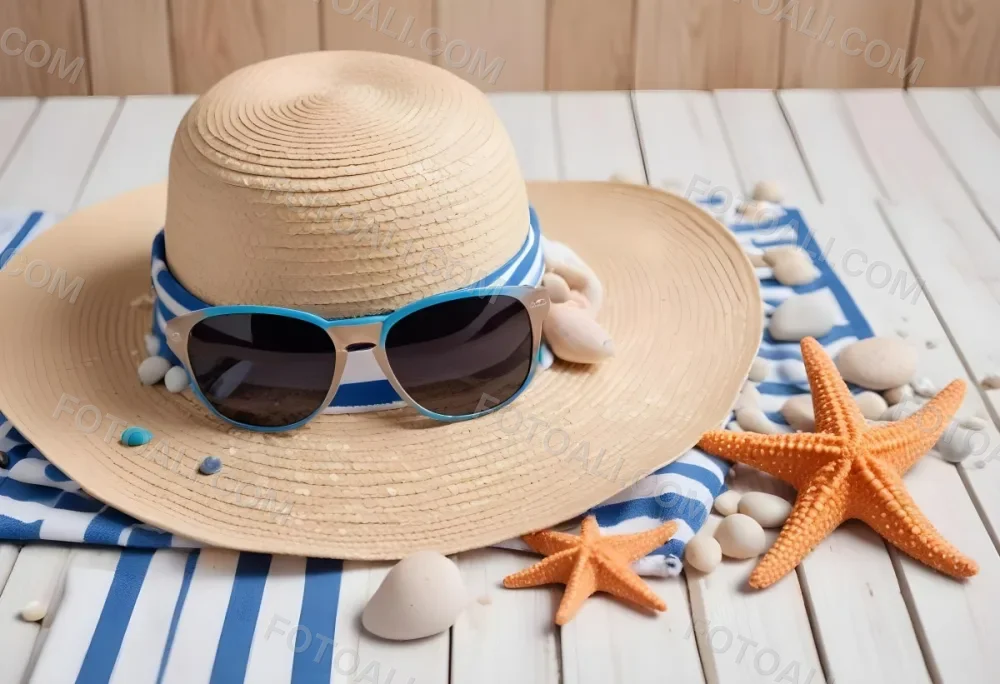 A Straw Hat With A Seashell On Top Of A Striped Towel Sunglasses Sunscreen Starfish And Pebbles On A White Wooden Surface 11 977b