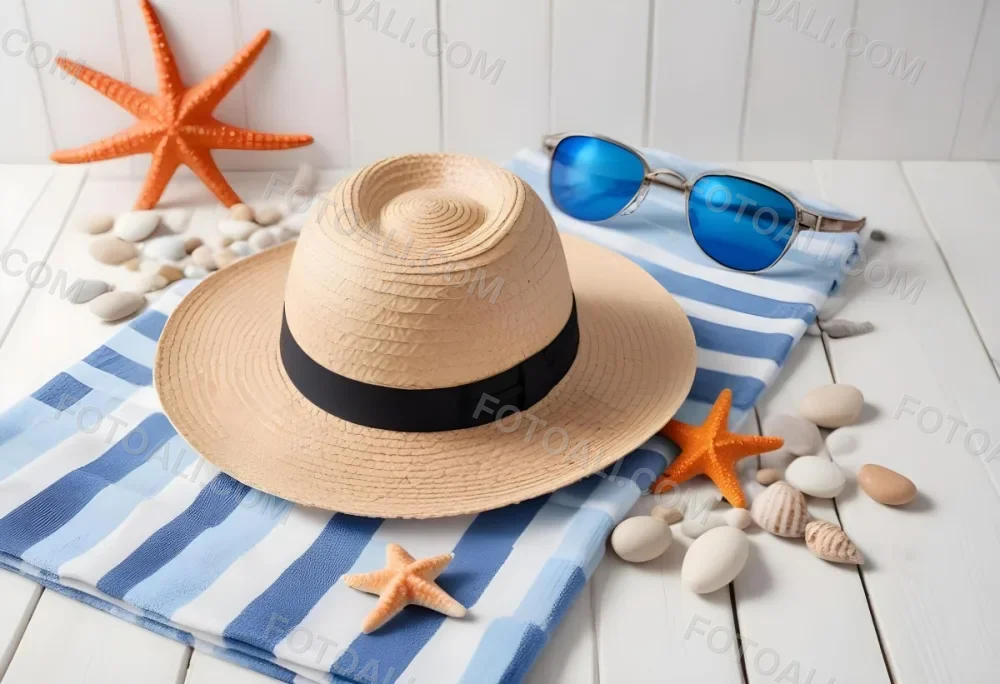 A Straw Hat With A Seashell On Top Of A Striped Towel Sunglasses Sunscreen Starfish And Pebbles On A White Wooden Surface 2 Ef25