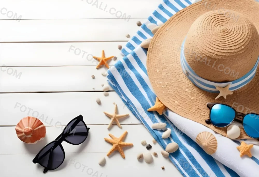 A Straw Hat With A Seashell On Top Of A Striped Towel Sunglasses Sunscreen Starfish And Pebbles On A White Wooden Surface 20 A654