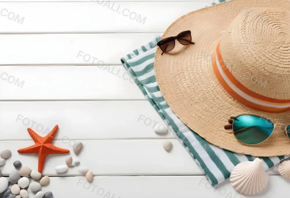 A Straw Hat With A Seashell On Top Of A Striped Towel Sunglasses Sunscreen Starfish And Pebbles On A White Wooden Surface 21 C3ac
