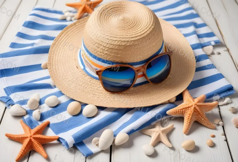 A Straw Hat With A Seashell On Top Of A Striped Towel Sunglasses Sunscreen Starfish And Pebbles On A White Wooden Surface 22 Cd16