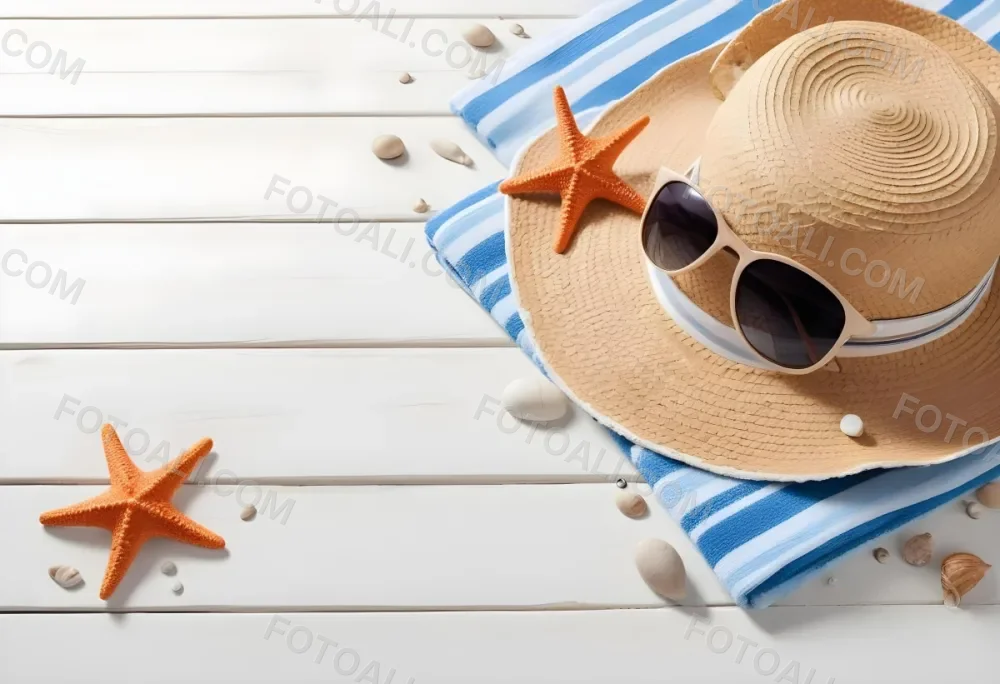 A Straw Hat With A Seashell On Top Of A Striped Towel Sunglasses Sunscreen Starfish And Pebbles On A White Wooden Surface 3 Ba6f