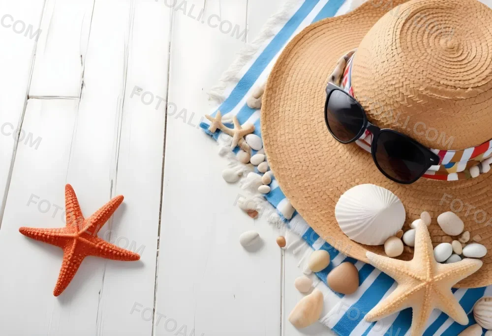 A Straw Hat With A Seashell On Top Of A Striped Towel Sunglasses Sunscreen Starfish And Pebbles On A White Wooden Surface 4 407c