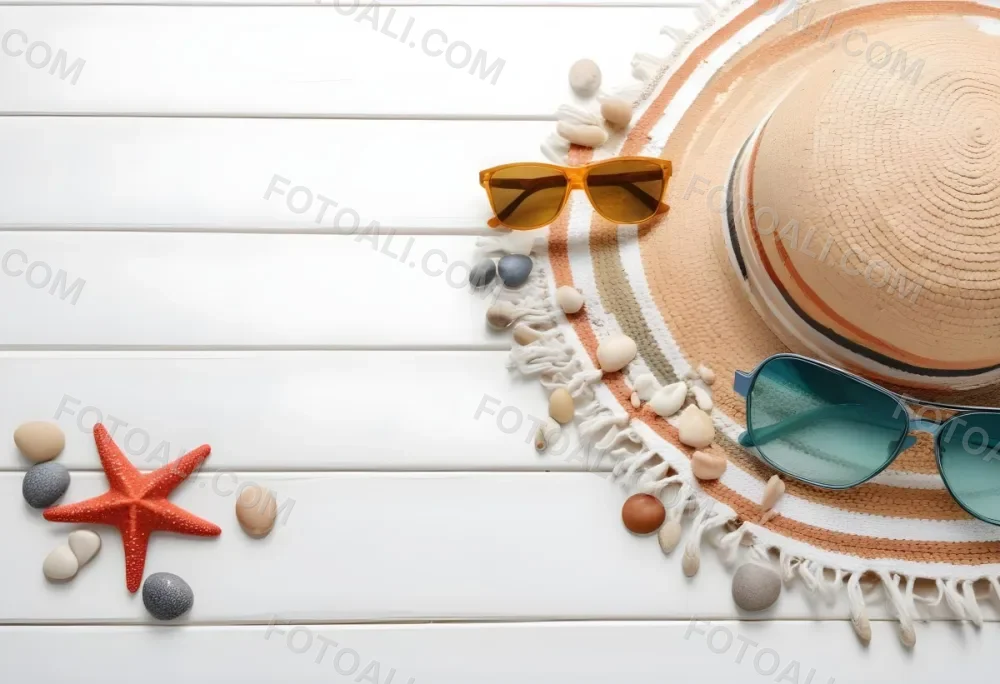 A Straw Hat With A Seashell On Top Of A Striped Towel Sunglasses Sunscreen Starfish And Pebbles On A White Wooden Surface 8 F3e9
