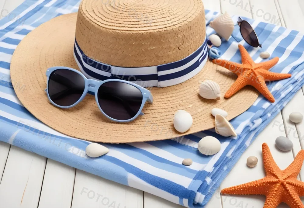 A Straw Hat With A Seashell On Top Of A Striped Towel Sunglasses Sunscreen Starfish And Pebbles On A White Wooden Surface 9 3dbe