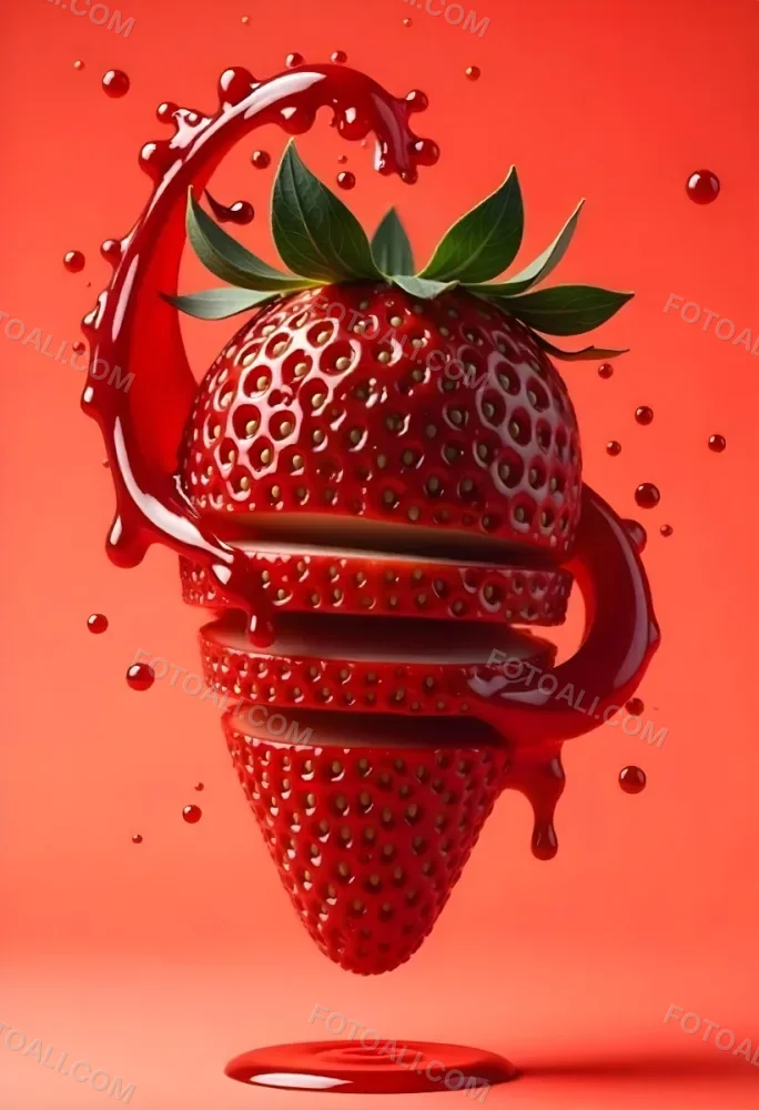 A Strawberry Cut In Slices With Red Liquid Dripping Around It Studio Shot Red Background Close Up High Resolution Detailed 18 1fbb