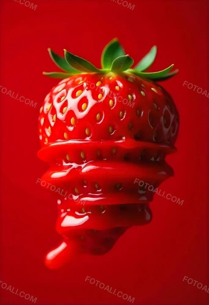 A Strawberry Cut In Slices With Red Liquid Dripping Around It Studio Shot Red Background Close Up High Resolution Detailed 19 762e
