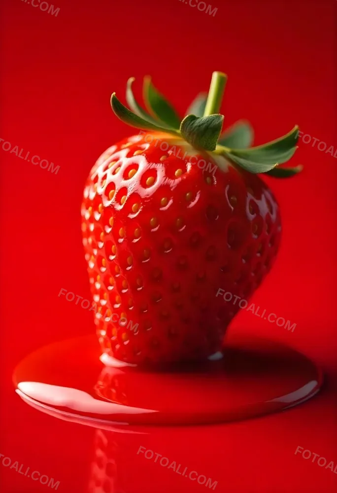 A Strawberry Cut In Slices With Red Liquid Dripping Around It Studio Shot Red Background Close Up High Resolution Detailed 21 2e37