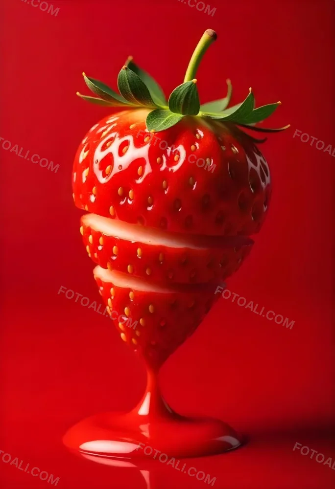 A Strawberry Cut In Slices With Red Liquid Dripping Around It Studio Shot Red Background Close Up High Resolution Detailed 25 9970