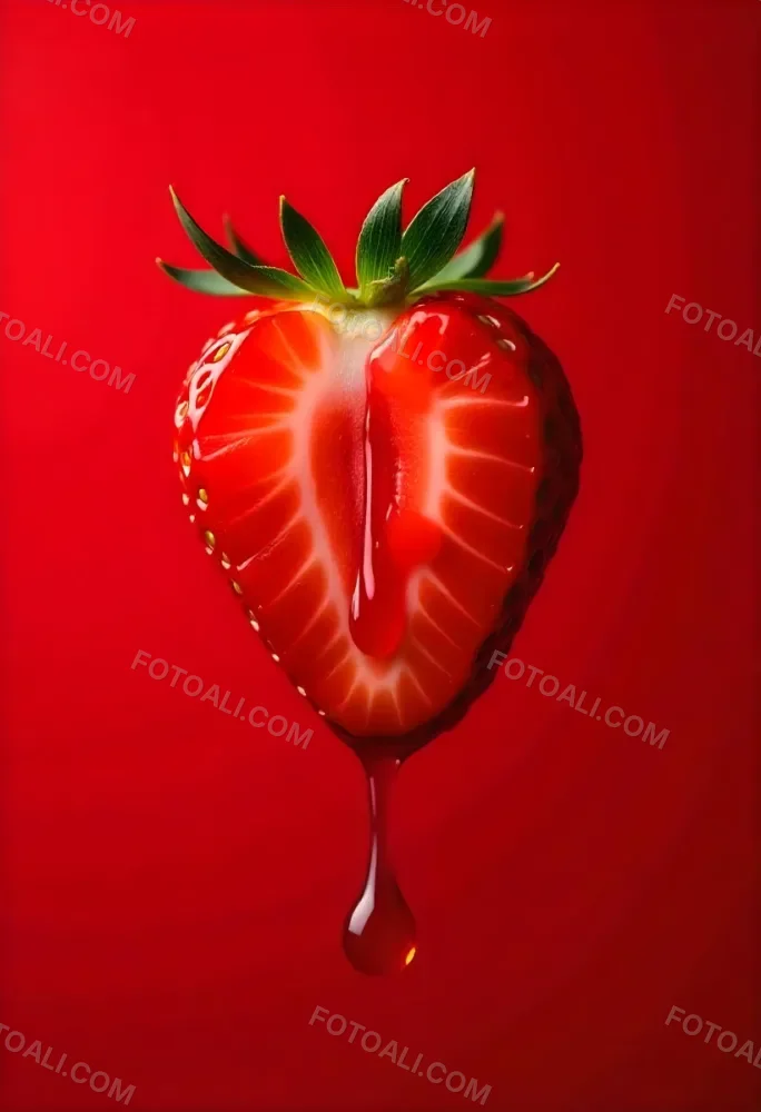 A Strawberry Cut In Slices With Red Liquid Dripping Around It Studio Shot Red Background Close Up High Resolution Detailed 31 9551