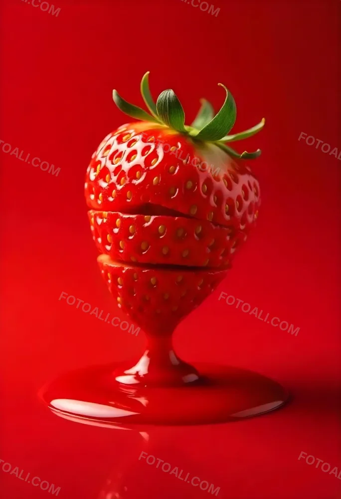 A Strawberry Cut In Slices With Red Liquid Dripping Around It Studio Shot Red Background Close Up High Resolution Detailed 36 0423