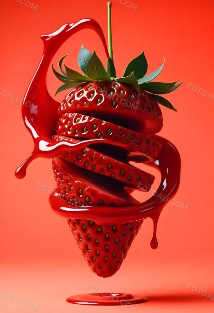 A Strawberry Cut In Slices With Red Liquid Dripping Around It Studio Shot Red Background Close Up High Resolution Detailed 45 A900