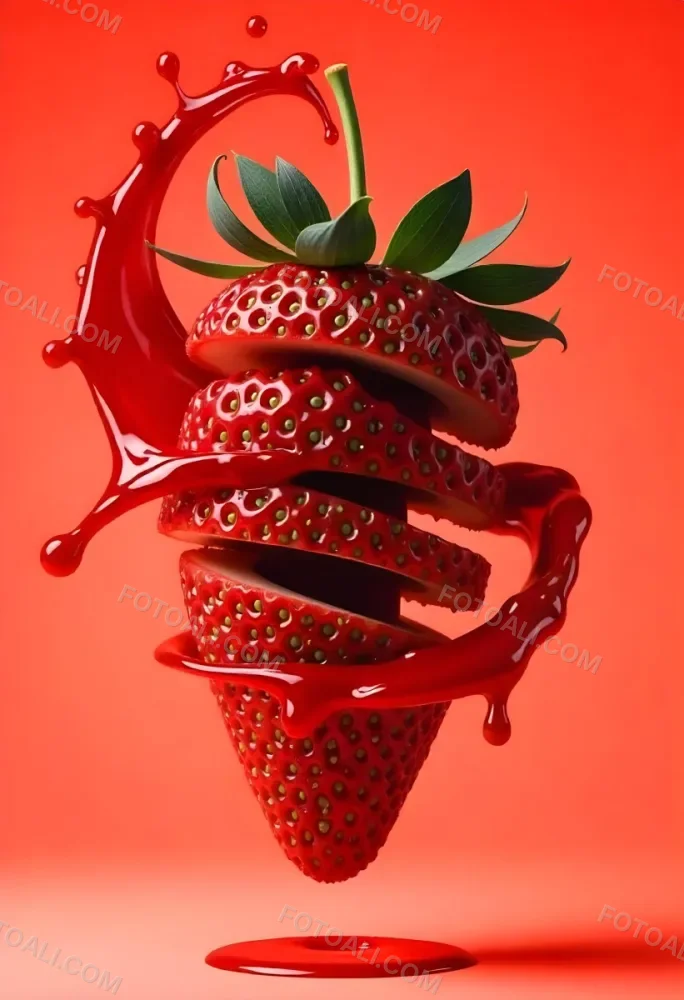A Strawberry Cut In Slices With Red Liquid Dripping Around It Studio Shot Red Background Close Up High Resolution Detailed 47 87d5