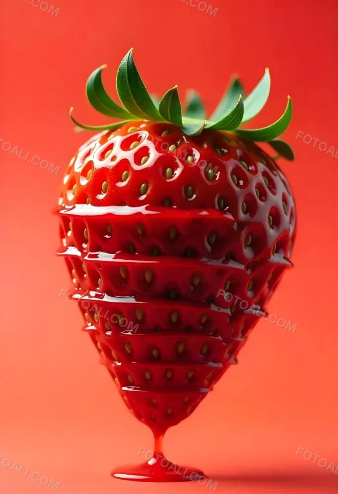 A Strawberry Cut In Slices With Red Liquid Dripping Around It Studio Shot Red Background Close Up High Resolution Detailed 5 D416