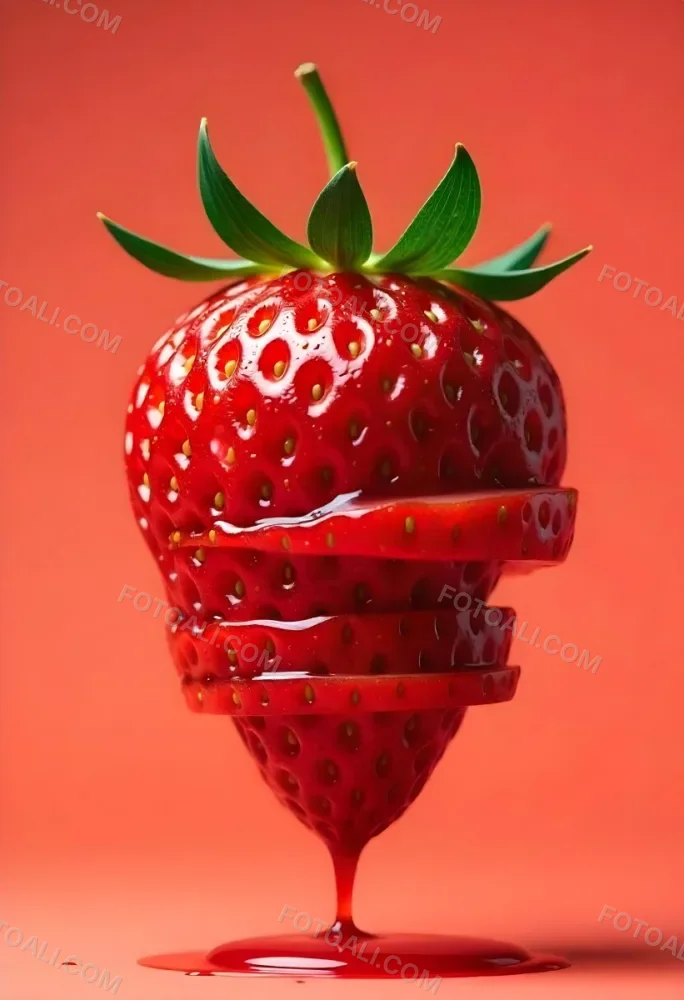 A Strawberry Cut In Slices With Red Liquid Dripping Around It Studio Shot Red Background Close Up High Resolution Detailed 7 5551