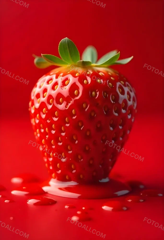 A Strawberry Cut In Slices With Red Liquid Dripping Around It Studio Shot Red Background Close Up High Resolution Detailed 9 F943