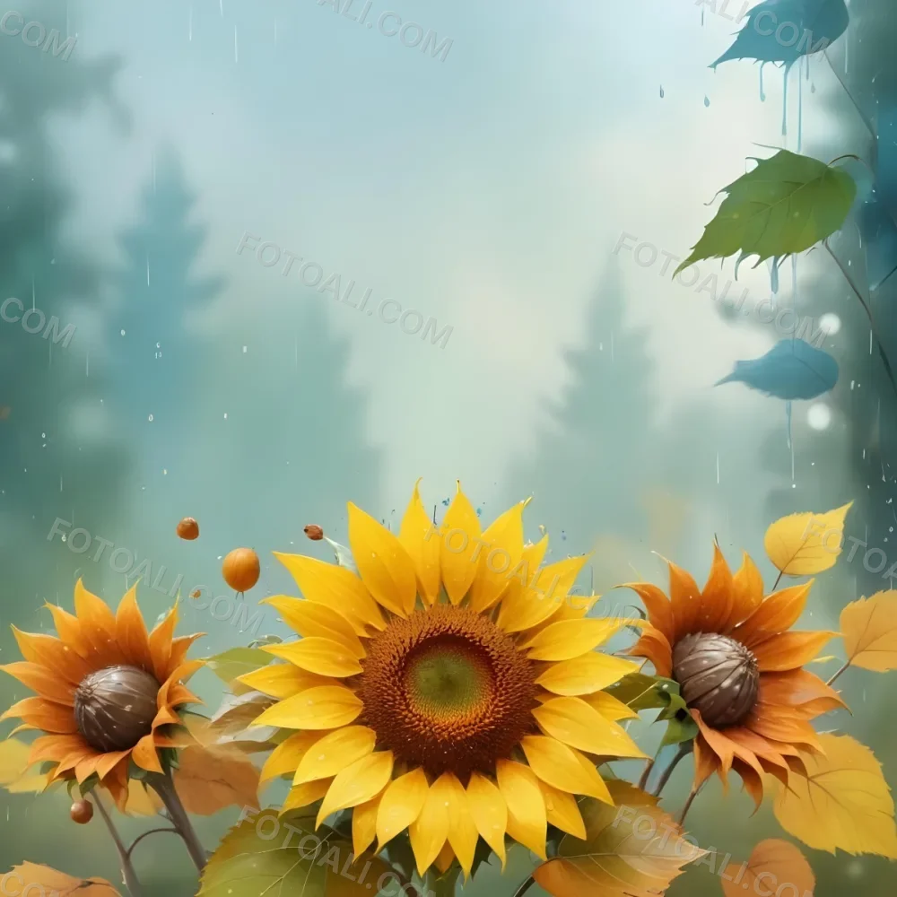 A Sunflower With Autumn Leaves And Acorns In A Rainy Day The Background Is Blurred With Green And Blue Tones 2 50c4
