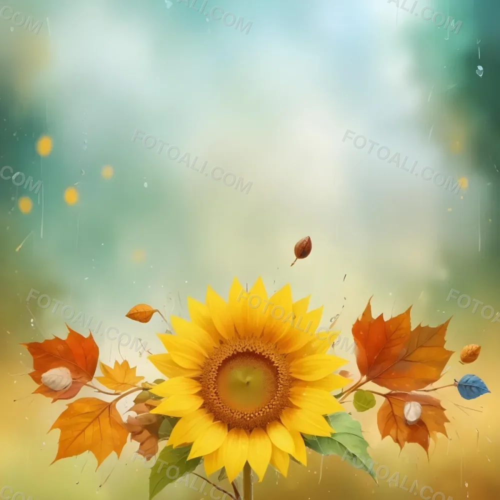 A Sunflower With Autumn Leaves And Acorns In A Rainy Day The Background Is Blurred With Green And Blue Tones 32 D3f2
