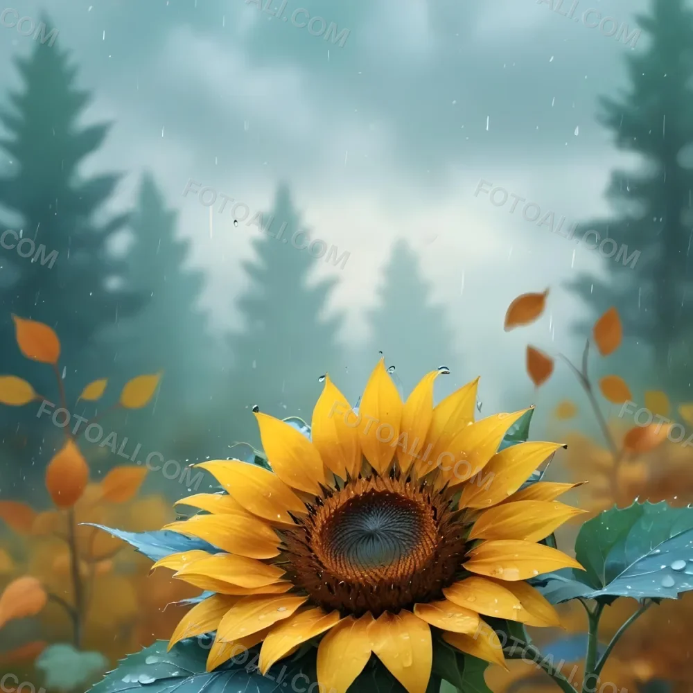 A Sunflower With Autumn Leaves And Acorns In A Rainy Day The Background Is Blurred With Green And Blue Tones 40 1fdb