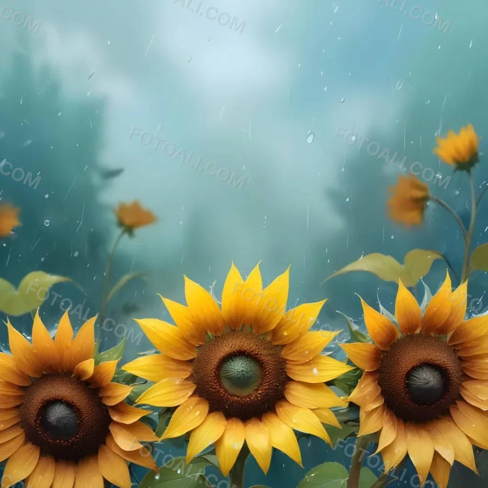 A Sunflower With Autumn Leaves And Acorns In A Rainy Day The Background Is Blurred With Green And Blue Tones 41 8702