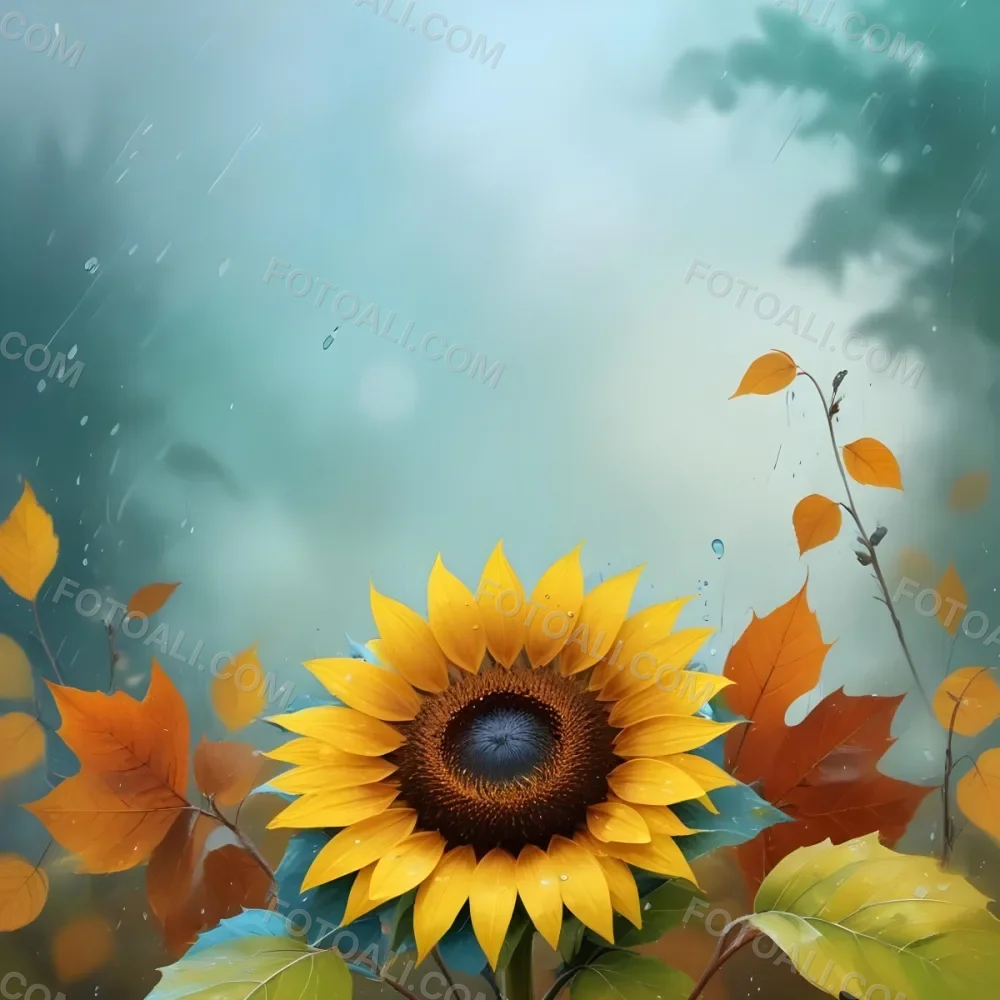 A Sunflower With Autumn Leaves And Acorns In A Rainy Day The Background Is Blurred With Green And Blue Tones 44 707f