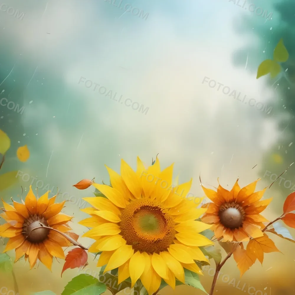 A Sunflower With Autumn Leaves And Acorns In A Rainy Day The Background Is Blurred With Green And Blue Tones 55 33f1