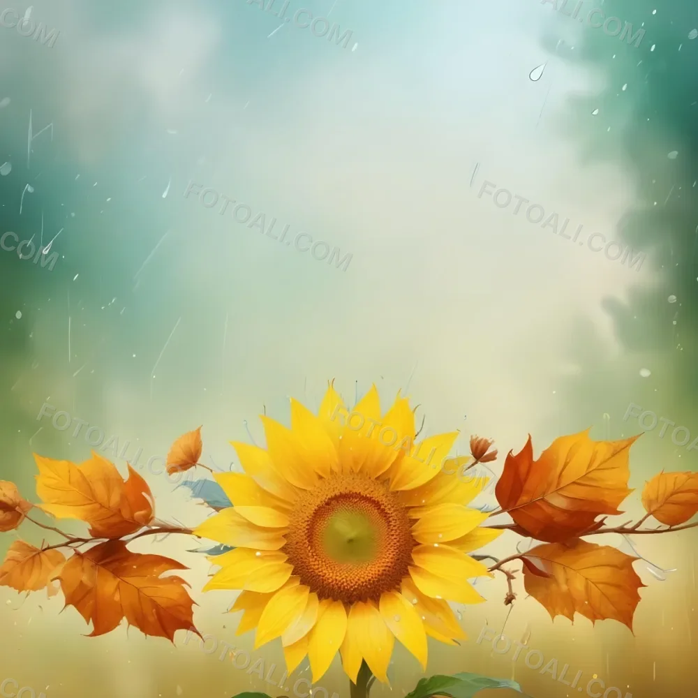 A Sunflower With Autumn Leaves And Acorns In A Rainy Day The Background Is Blurred With Green And Blue Tones 57 0455