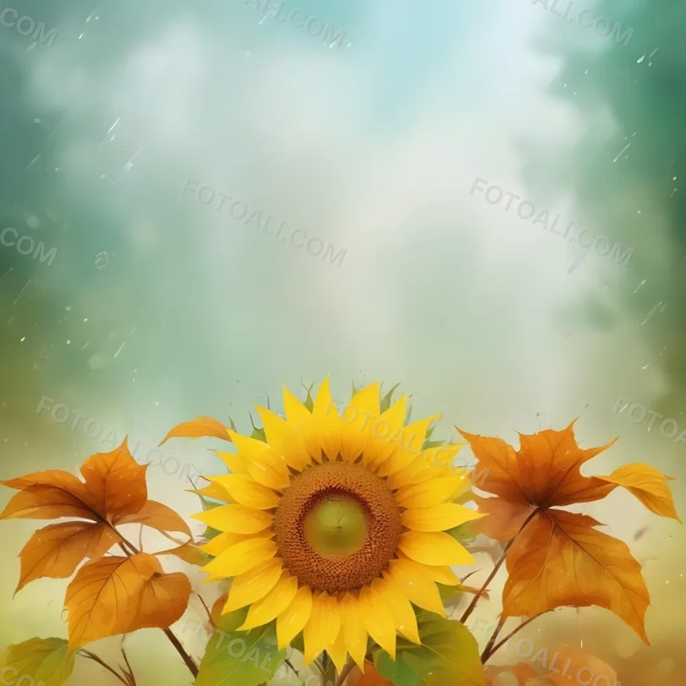A Sunflower With Autumn Leaves And Acorns In A Rainy Day The Background Is Blurred With Green And Blue Tones 58 D4ce