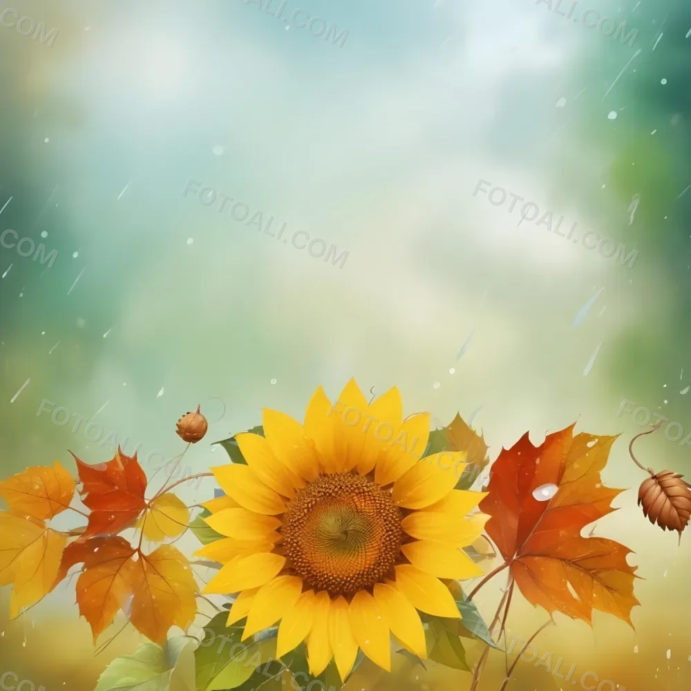 A Sunflower With Autumn Leaves And Acorns In A Rainy Day The Background Is Blurred With Green And Blue Tones 6 76b2
