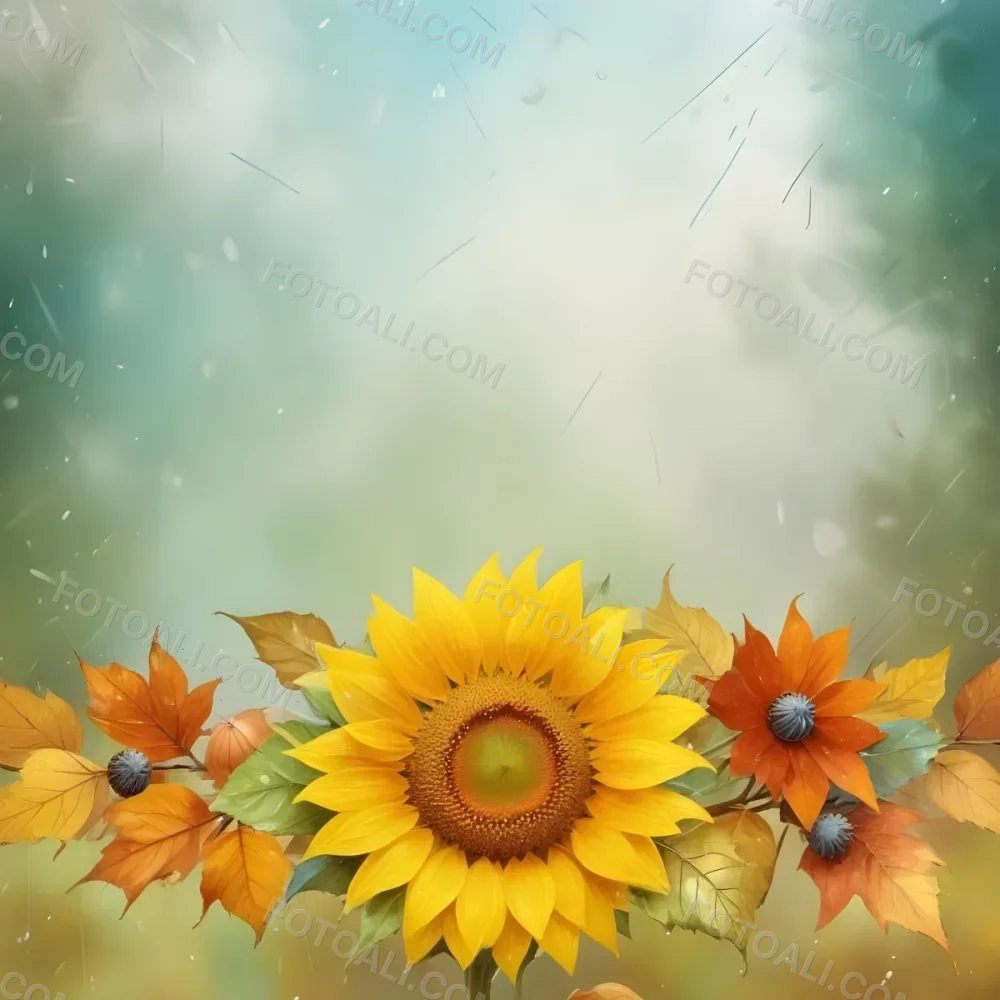 A Sunflower With Autumn Leaves And Acorns In A Rainy Day The Background Is Blurred With Green And Blue Tones 61 5748