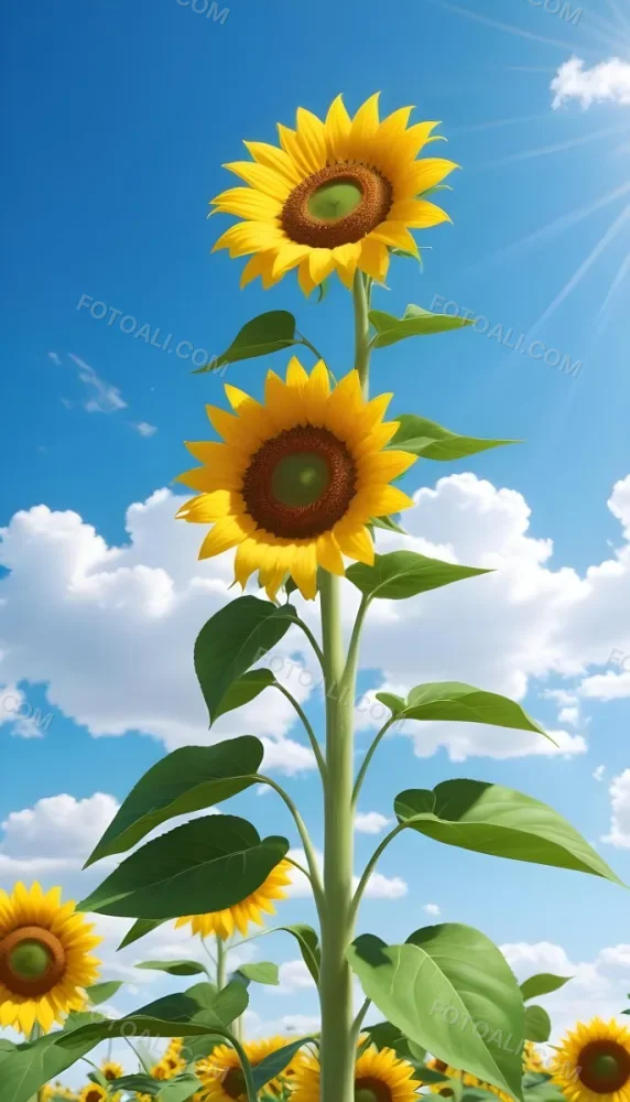 A Sunflower With Green Leaves And A Long Stem Against A Blue Sky With White Clouds And Sun Rays 17 86f8