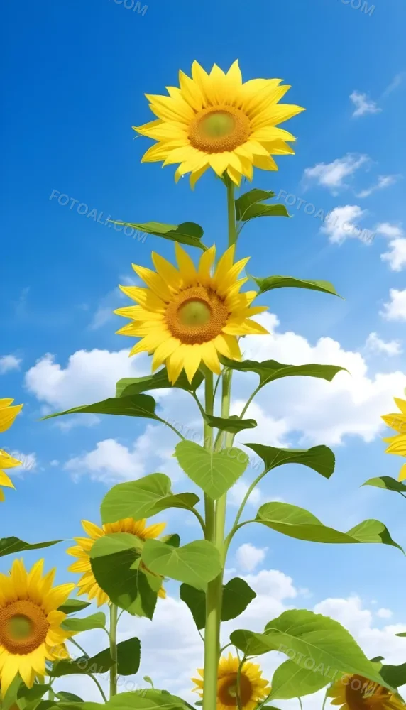 A Sunflower With Green Leaves And A Long Stem Against A Blue Sky With White Clouds And Sun Rays 2 Ee4f