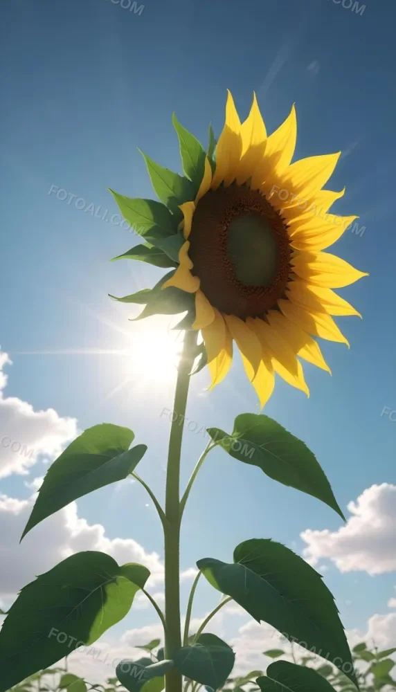 A Sunflower With Green Leaves And A Long Stem Against A Blue Sky With White Clouds And Sun Rays 23 9a27