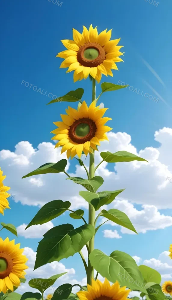 A Sunflower With Green Leaves And A Long Stem Against A Blue Sky With White Clouds And Sun Rays 3 Ab1a