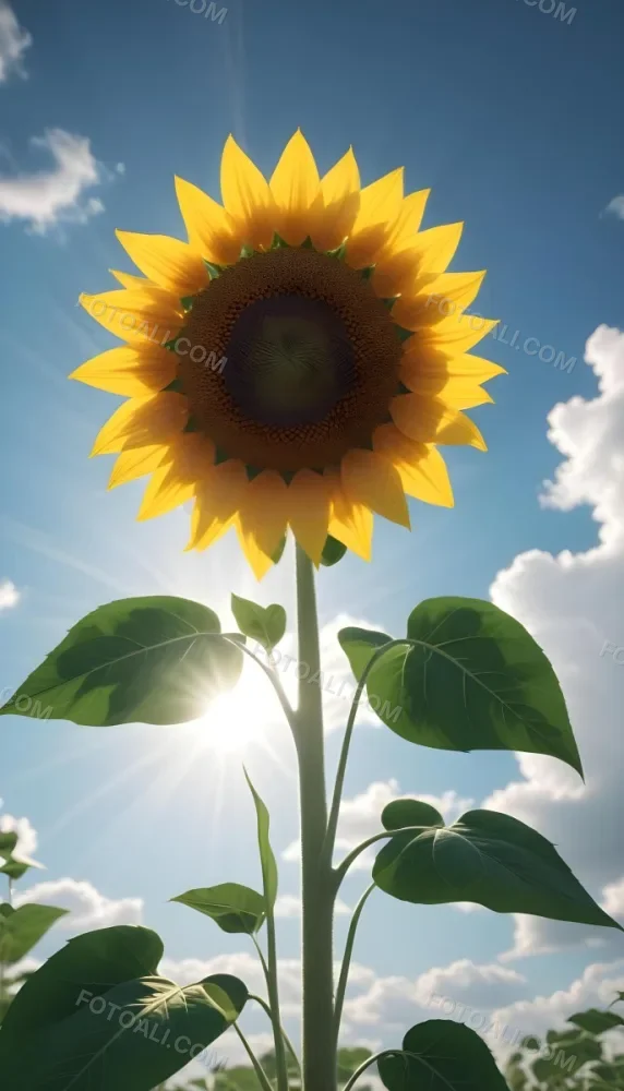 A Sunflower With Green Leaves And A Long Stem Against A Blue Sky With White Clouds And Sun Rays 33 Ac73