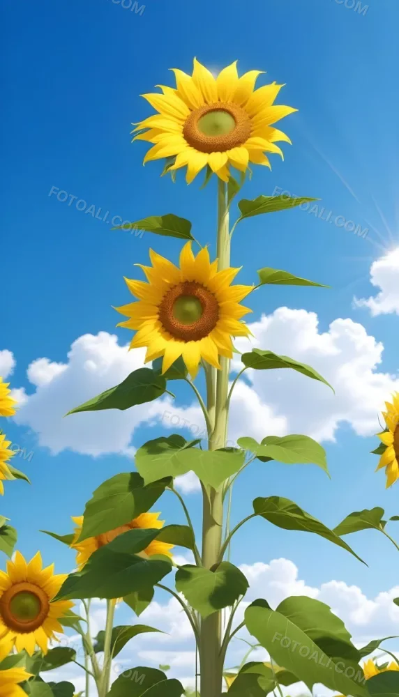 A Sunflower With Green Leaves And A Long Stem Against A Blue Sky With White Clouds And Sun Rays 34 967b