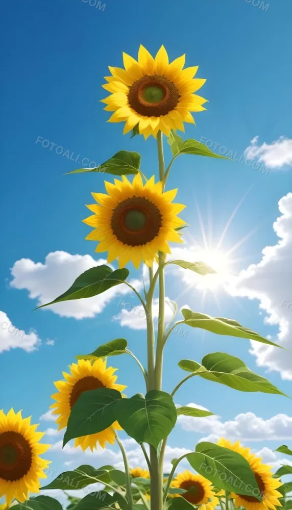 A Sunflower With Green Leaves And A Long Stem Against A Blue Sky With White Clouds And Sun Rays 35 402d