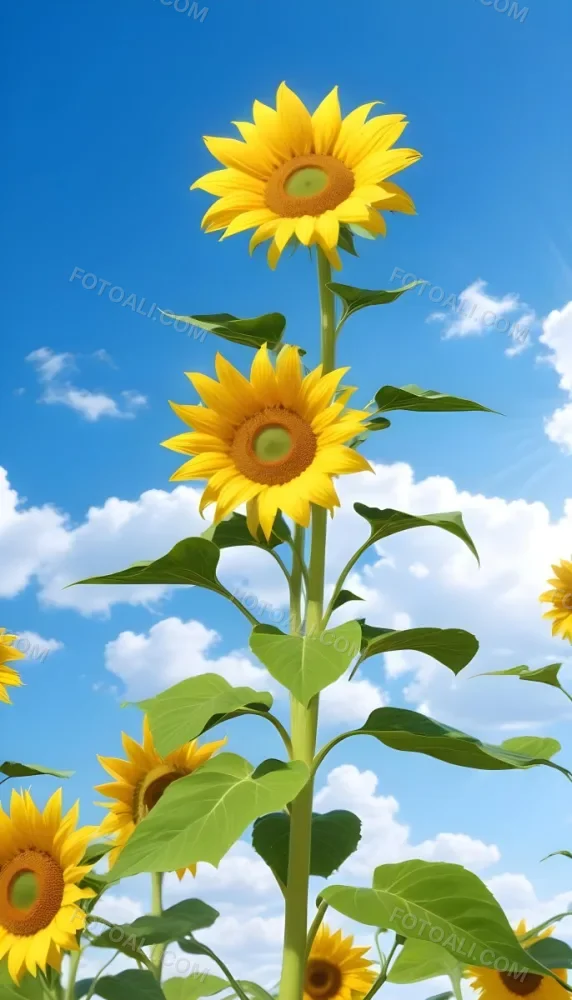 A Sunflower With Green Leaves And A Long Stem Against A Blue Sky With White Clouds And Sun Rays 4 7ab7