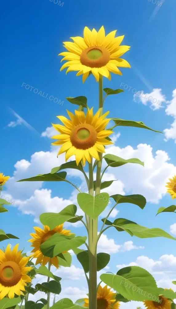 A Sunflower With Green Leaves And A Long Stem Against A Blue Sky With White Clouds And Sun Rays 8 Ca5f