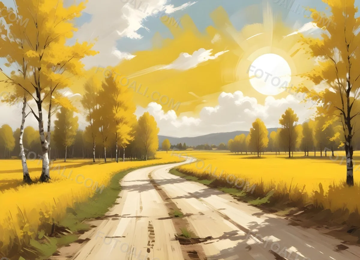 A Sunny Day With A White Sun And White Clouds Over A Yellow Field With A Dirt Road And Some Trees 16 Fea4