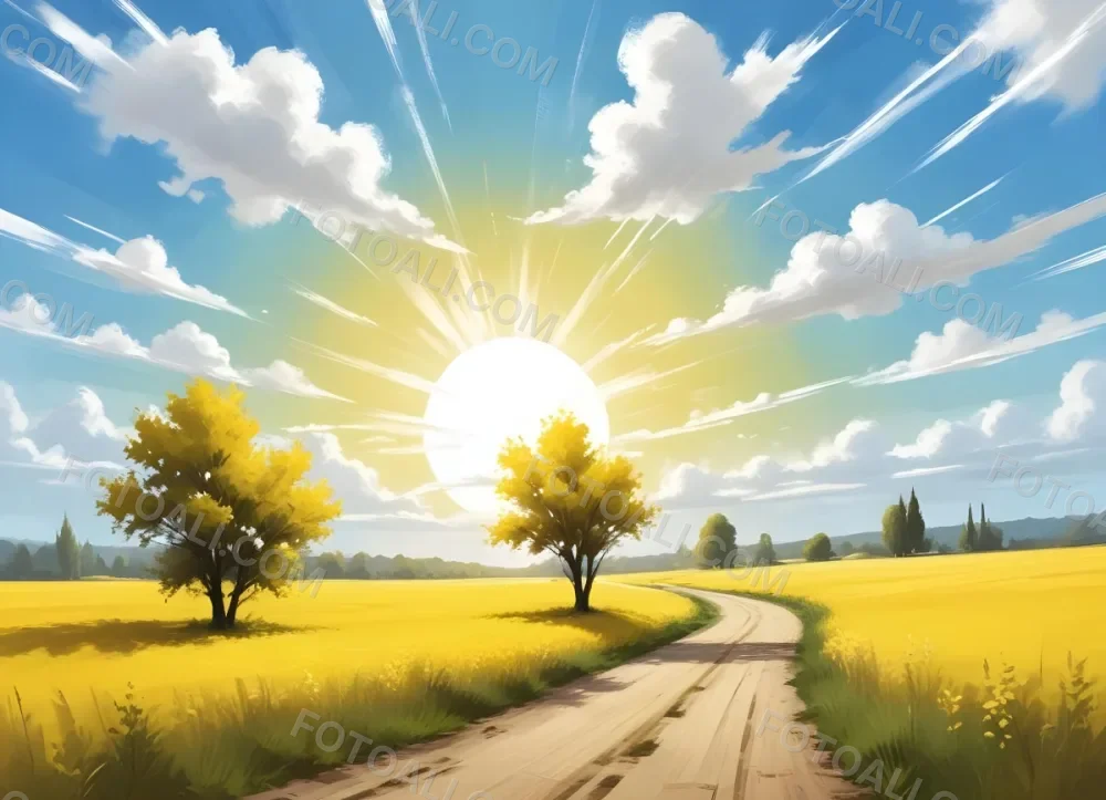 A Sunny Day With A White Sun And White Clouds Over A Yellow Field With A Dirt Road And Some Trees 19 8102