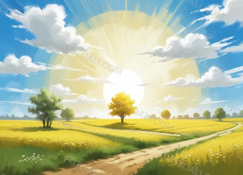 A Sunny Day With A White Sun And White Clouds Over A Yellow Field With A Dirt Road And Some Trees 21 220b