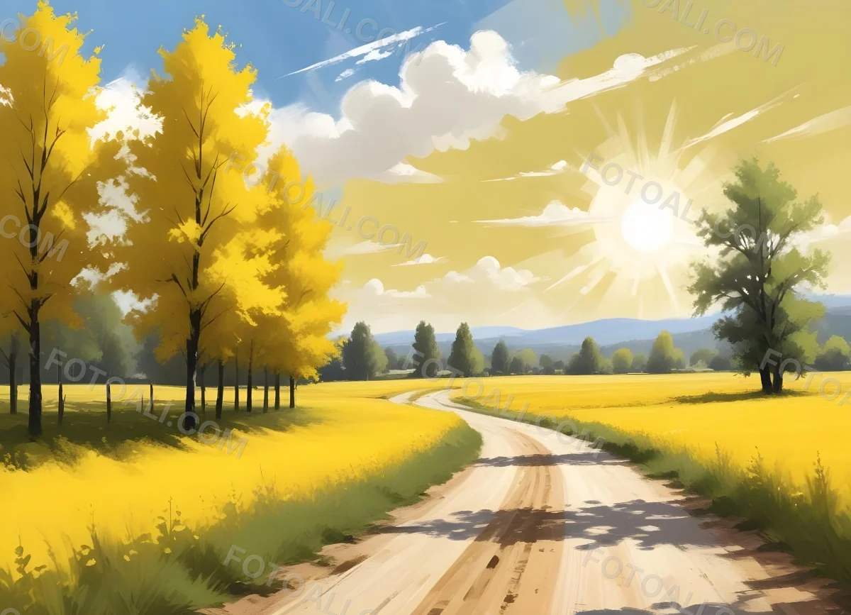 A Sunny Day With A White Sun And White Clouds Over A Yellow Field With A Dirt Road And Some Trees 5 76e5