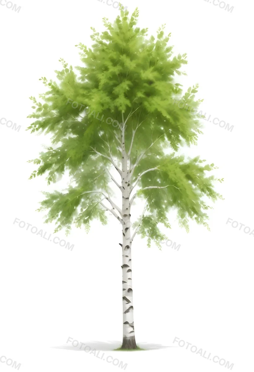A Tall Birch Tree With White Bark And Lush Green Leaves Against A White Background 1 4c5e
