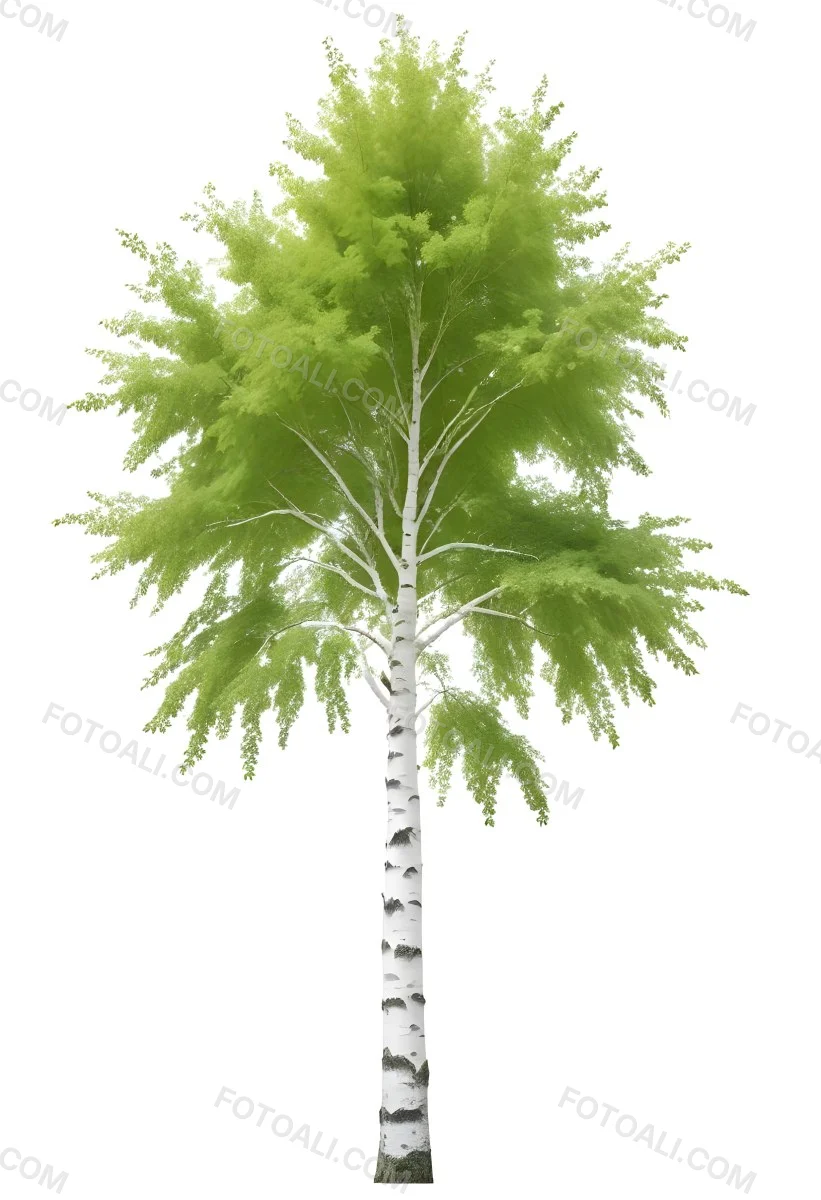 A Tall Birch Tree With White Bark And Lush Green Leaves Against A White Background 10 7de3