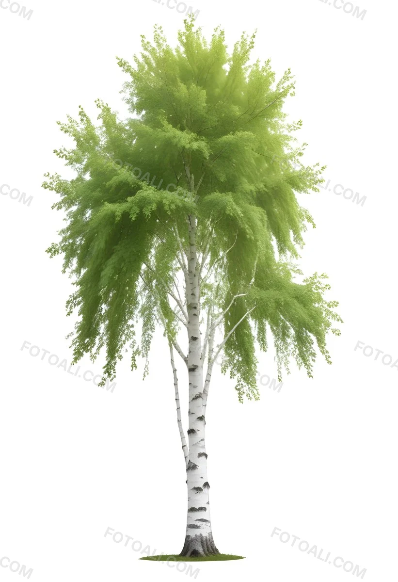 A Tall Birch Tree With White Bark And Lush Green Leaves Against A White Background 11 7a49